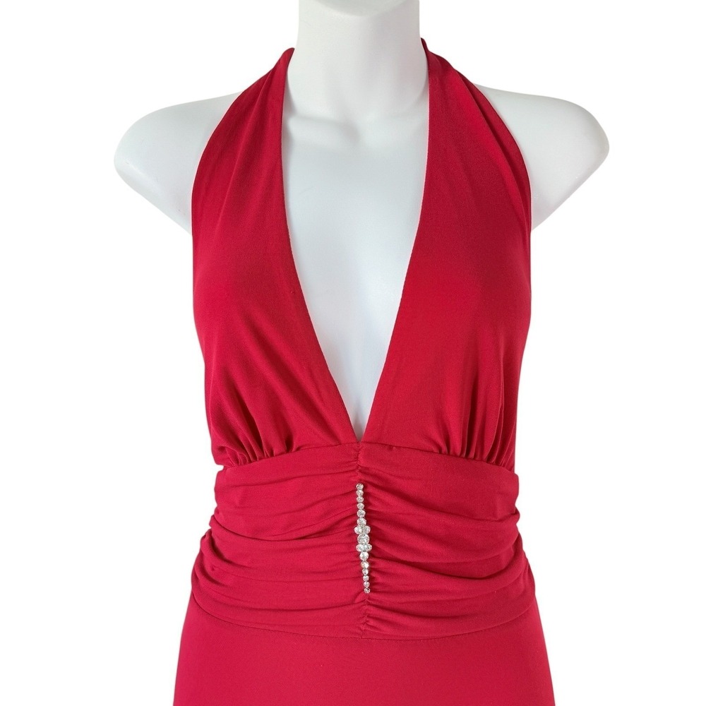Womens Y2K Halter Maxi Dress 8 Ruched‎ Rhinestone Handkerchief Hem Elegant Event